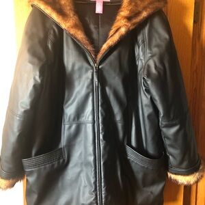 Woman Within Black Faux Leather Jacket with Brown Fur Trim